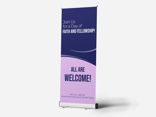 Free-standing church sign announcing the Day of Faith and Fellowship where all are welcome