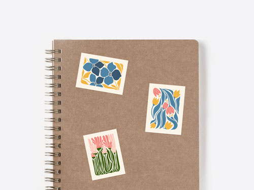 Elegant kiss cut stickers showcasing floral motifs, printed on wood-grain textured paper.