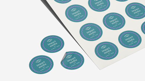 Circle Impact Media kiss cut stickers, showcasing the brand name and logo in turquoise.