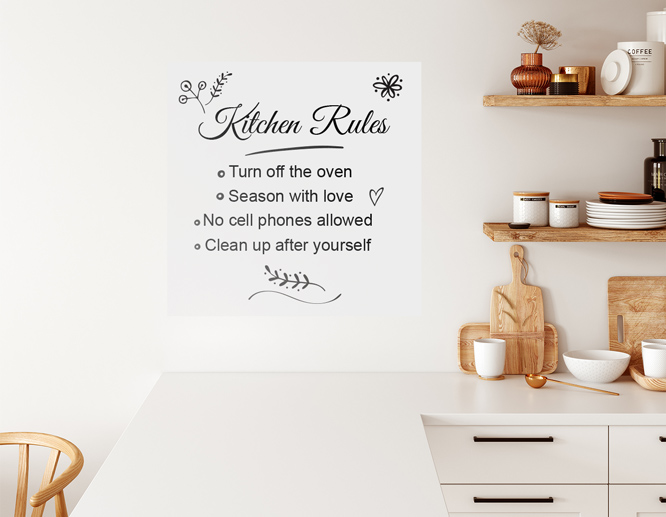 Home wall decal with kitchen cleanliness rules and utensils graphics on the kitchen wall
