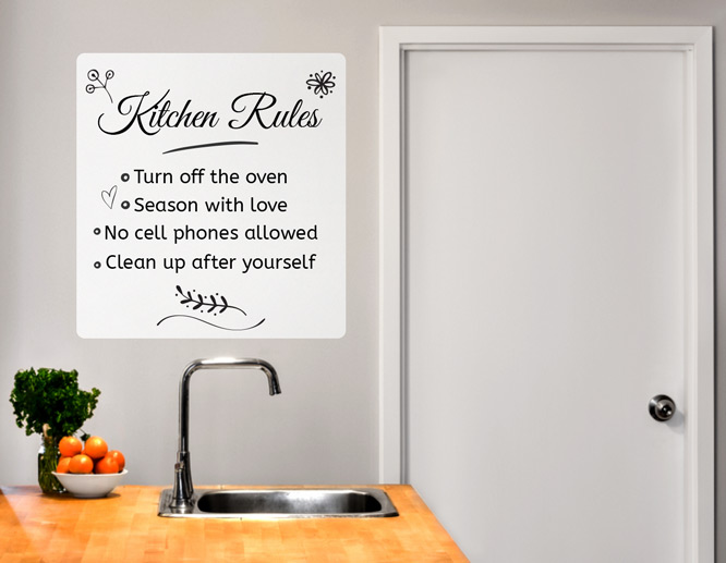 Kitchen Rules decal for kitchen walls displayed at the door
