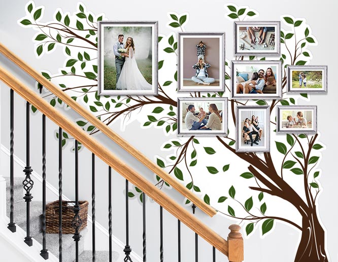 Large family tree decal for staircase wall with green leaves designed with family photos
