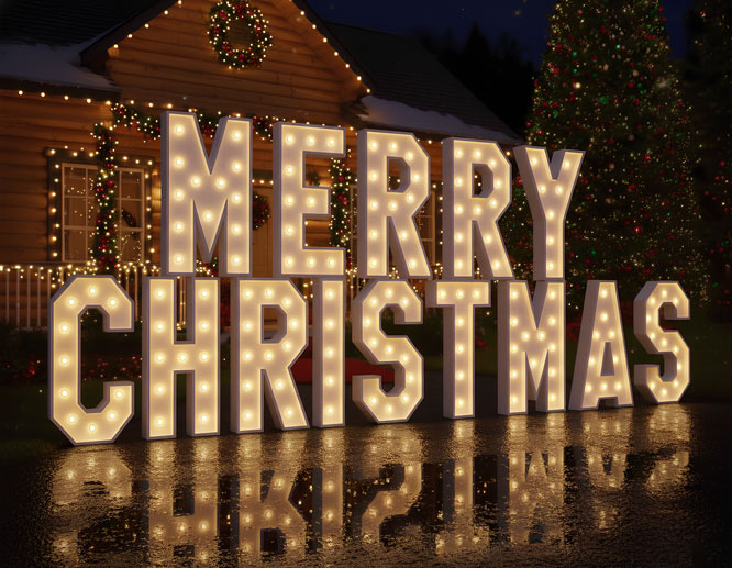 Merry Christmas marquee signs installed in front of a festively decorated house.