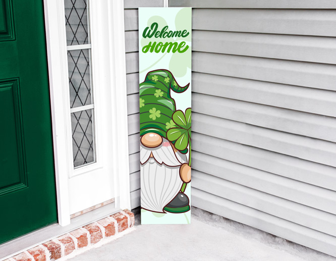 Free-standing leprechaun welcome sign placed on the porch for decoration