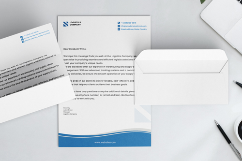 Logistics company blue and white letterhead and envelope printing featuring a text and contact information