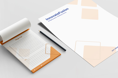 A letterhead and a notepad showcasing brand names and contact information for branding