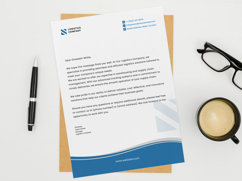 Letterhead printing for a professional logistics company with a clean design, blue wave accents, and clear branding