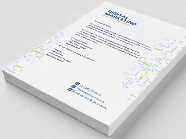 Letterhead printing for digital marketing with geometric patterns and bold blue accents for professional branding