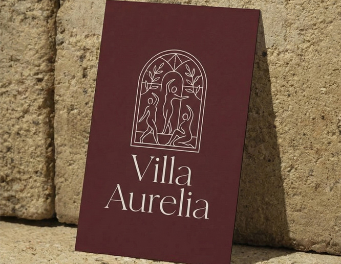Burgundy logo design with Villa Aurelia text and decorative archway illustration.
