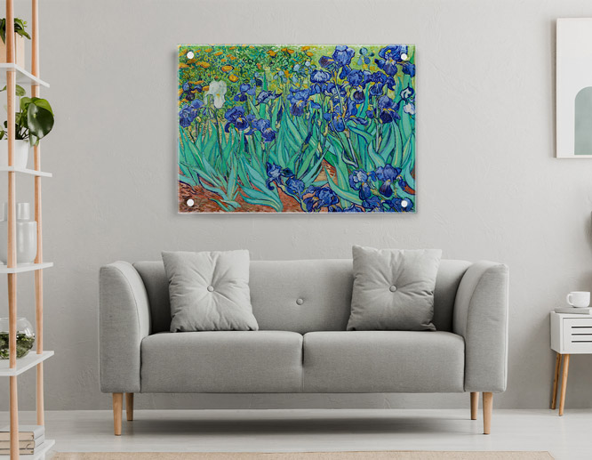 Living room free artwork design featuring Van Gog's "Irises"