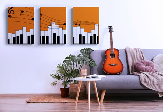 living room wall decor idea with split canvas