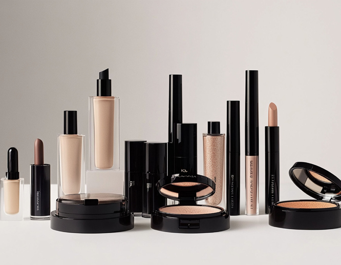Assorted makeup products such as foundation, lipstick, and powders arranged neatly on a neutral backdrop.