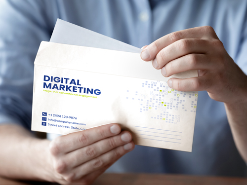 Classy envelope printing for digital marketing agency featuring key information