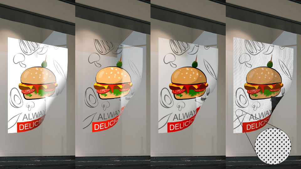 Different materials of window decals with food image prints