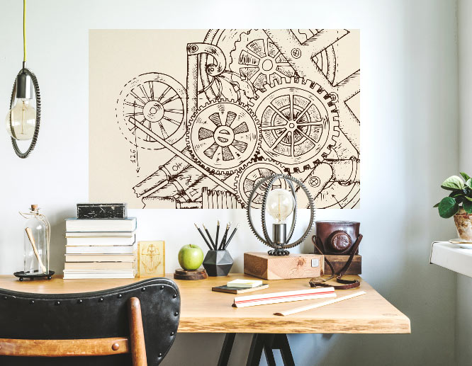 Beige toned large wall art idea with mechanical gear imagery