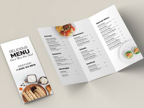 Savory custom brochure printing showcasing menu items and contact details