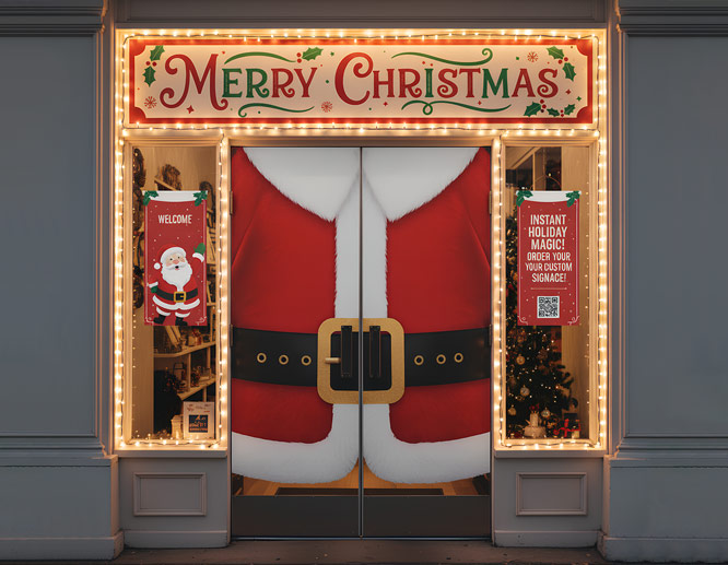 Merry Christmas door poster showcasing Santa's red coat taking up most of the door.