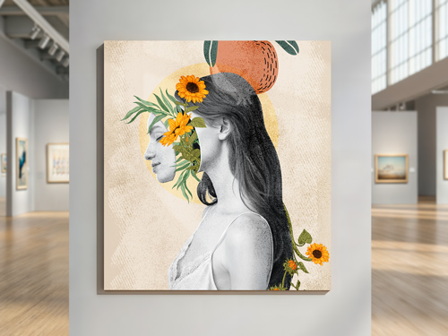 Metal photo prints featuring a woman in profile with long dark hair adorned with orange flowers.