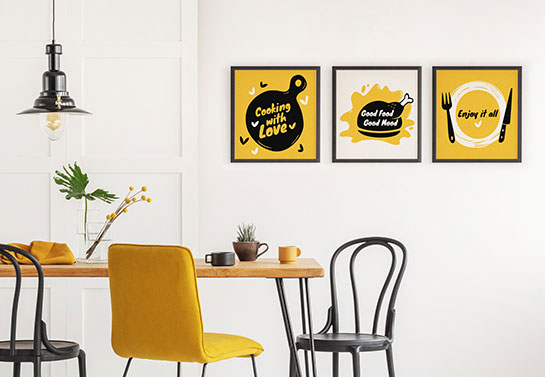 mini kitchen canvas idea in yellow, black and white color scheme with kitchen quotes