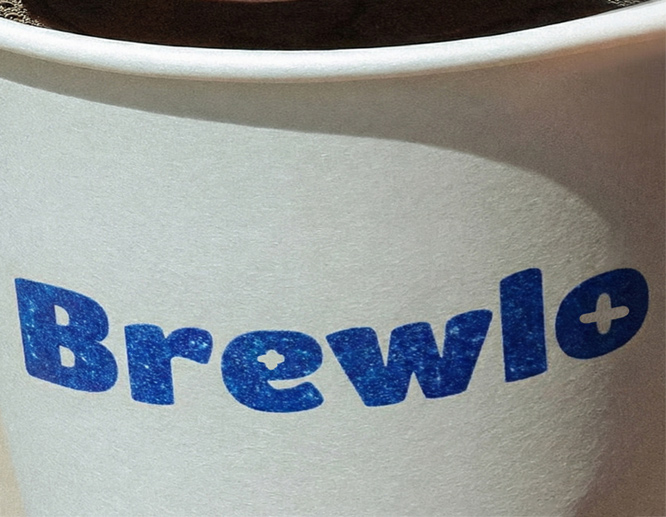 Blue Brewlo logo text on white disposable coffee cup.