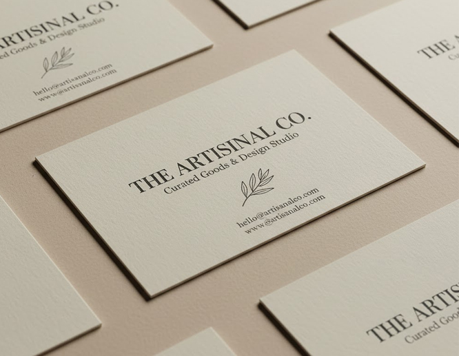 Minimalist business cards with clean typography, neutral tones, and elegant design on premium textured paper.