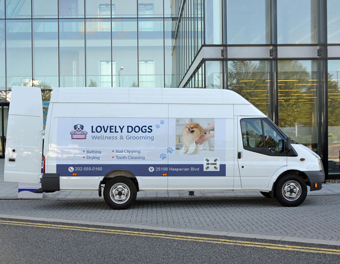 Advertising dog grooming sign applied on a van for mobile pet grooming services