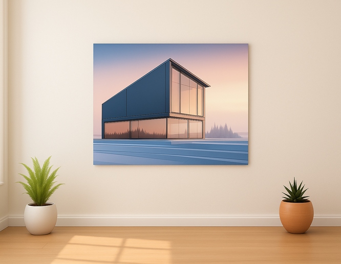 modern-glass-house-printed-on-metal Geometric glass house against a soft sunset background, printed on metal decorating the wall