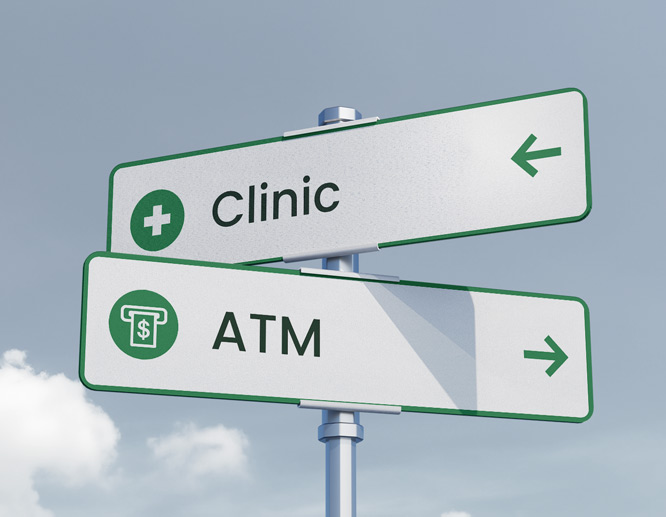 Outdoor wayfinding sign system with clinic and ATM directional arrows.