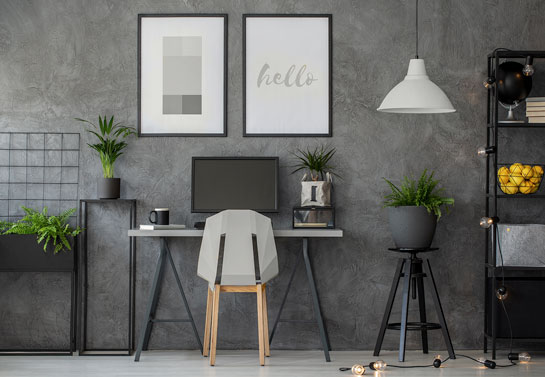 home office in monochromatic grey color scheme