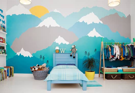 kids room wall idea with big colorful mountain graphics