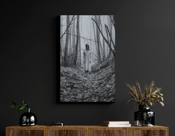 Dark custom wall art with a mystic ghost illustration in black and white