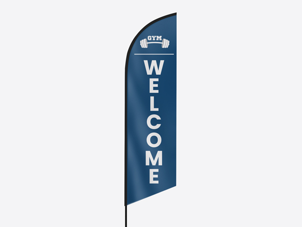 A navy blue gym feather flag welcoming gym-goers to their workout venue.