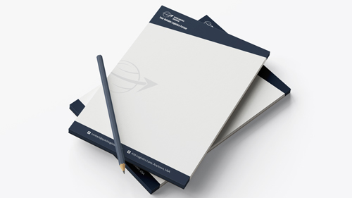 Notepad printing in navy-and-white with a minimalist logo and contact details at the top and bottom