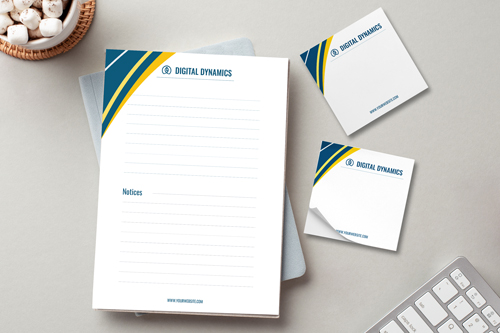 Blue and yellow post-it notes and a letterhead featuring the brand names perfect for office organization