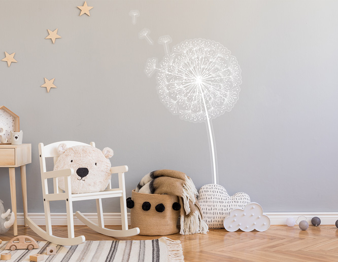 Bedroom vinyl wall decal idea depicting a dandelion for the nursery