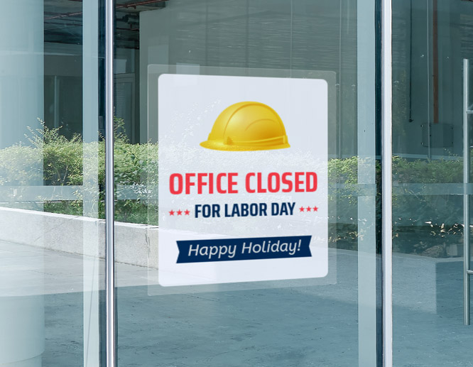 Rectangular office closed for Labor Day sign with a white background displaying texts