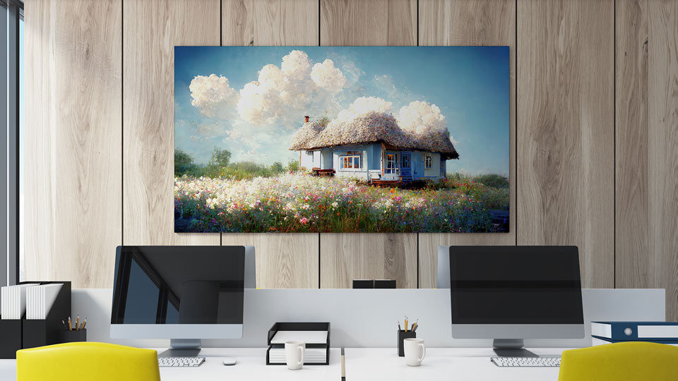 Nature-themed large canvas print mounted on the office wall