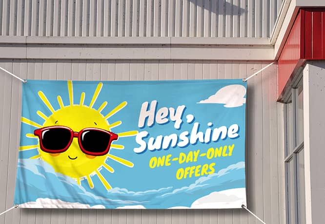 First-day-of-summer sale banner with funny sun graphics