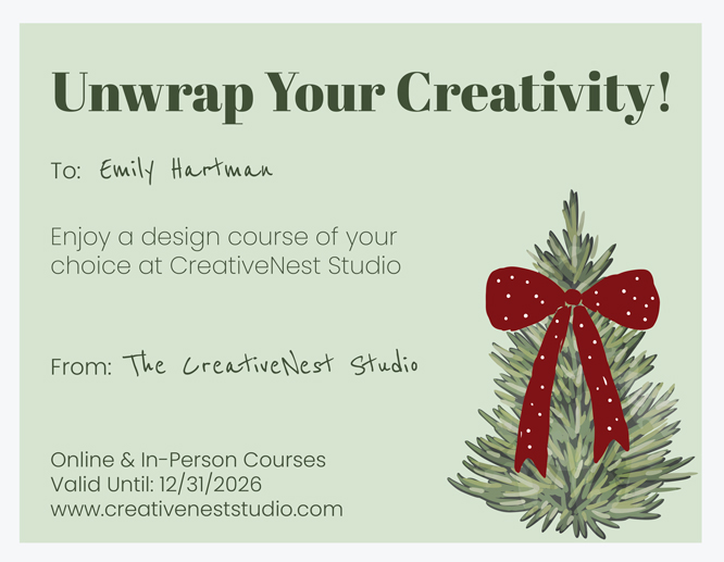 A gift card for an online design course, reading "Unwrap Your Creativity" with the validity date and contact information mentioned below