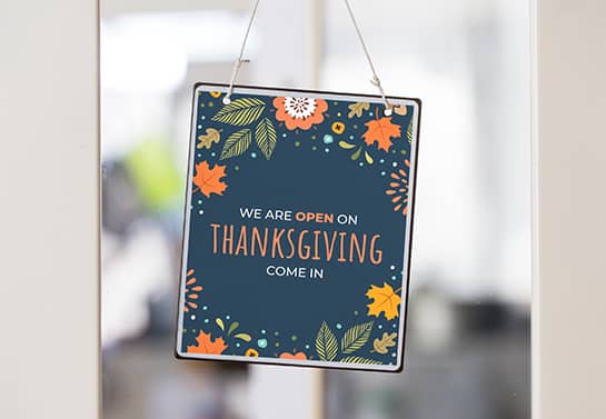 hanging open for Thanksgiving sign with autumn themed icons