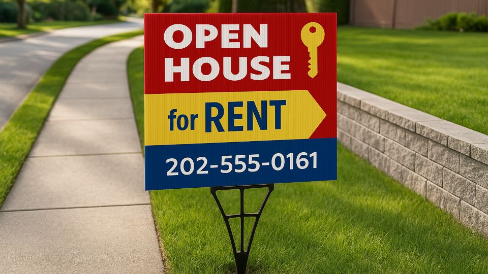 Open house sign fixed next to a pavement directing to a property for renting