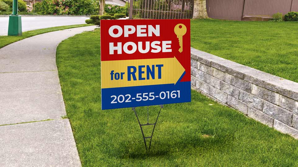 Square open house sign with colorful graphics and a spider stake