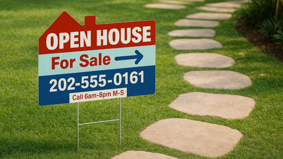 Open house sign installed next to a pathway directing to a property for sale