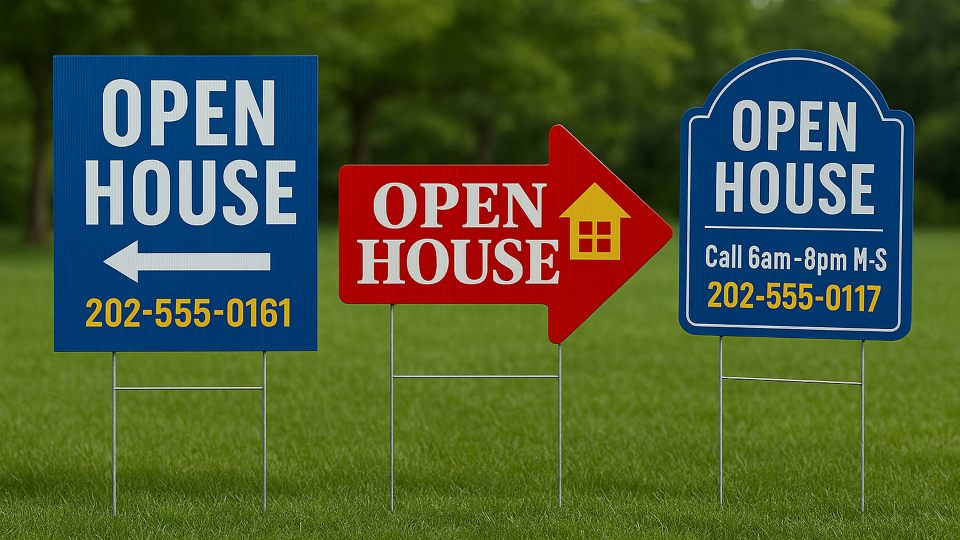 Open house signs in different styles featuring contact details and operating hours