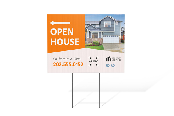 Open house sign with orange arrow, house photo, contact number, and real estate branding.
