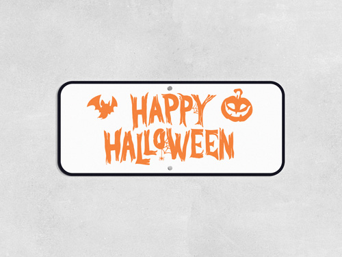 Orange Happy Halloween reflective aluminum sign with an image of a pumpkin and a bat.