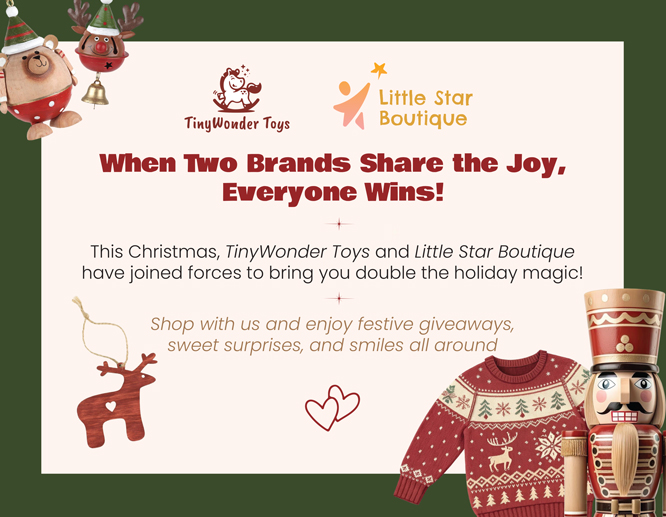 TinyWonder Toys and Little Star Boutique holiday collaboration with festive decorations.