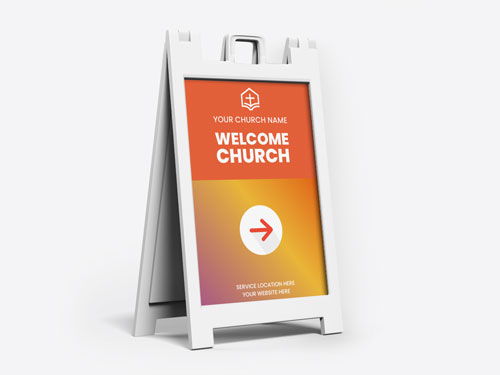 Exterior church sign displaying Welcome Church and a white arrow