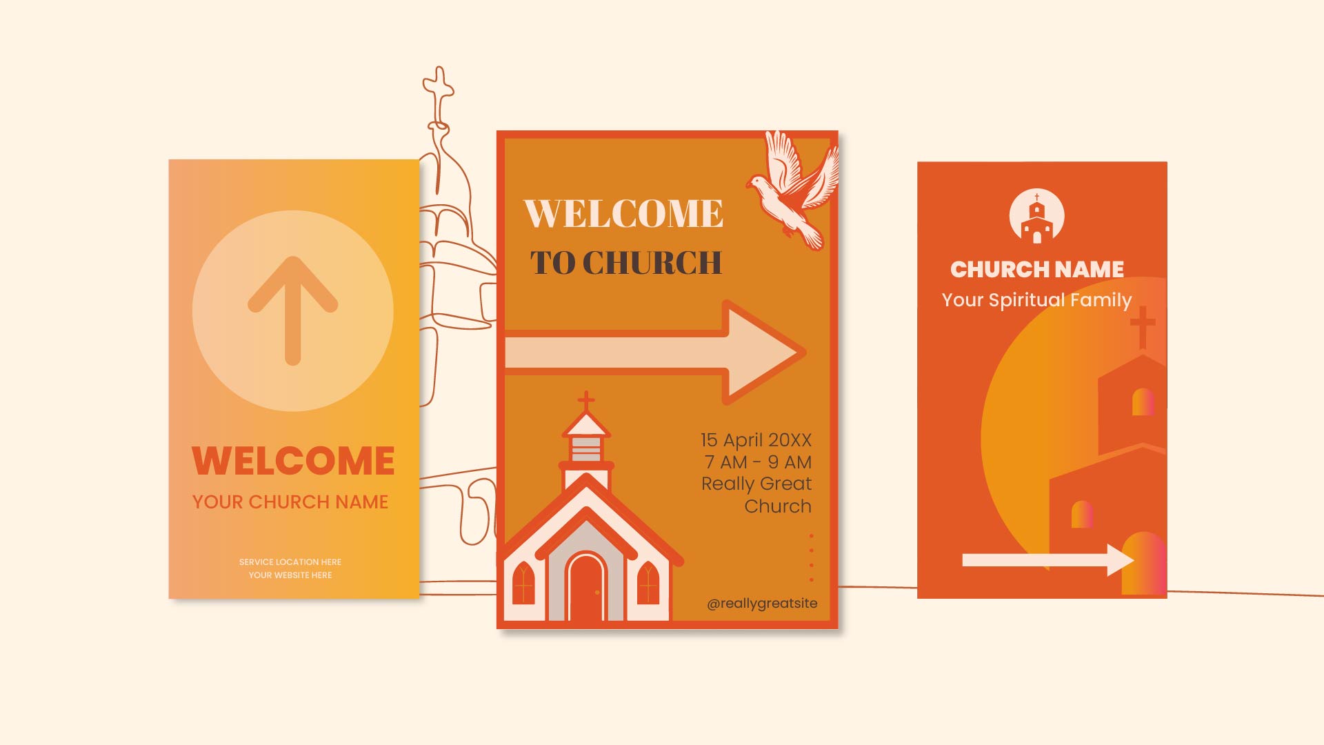 Orange church signs displaying navigational arrows and welcoming messages