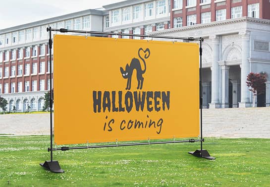 custom Halloween banner design in yellow with a black cat symbol